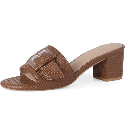 COMFITORIA Women's Raffia Heeled Sandals Low Block Chunky Heel Sandals Open Toe Buckle Strap Beach Slip on Mules Summer Vacation Casual Dressy Shoes, Brown, Size 8 - Image 1