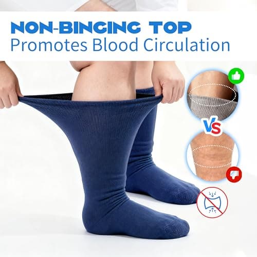Forcool 3 Pairs Diabetic Merino Wool Socks Wide Calf Non Binding Loose Top Mid Calf Cushion Diabetes Dress Crew Socks Circulation, Large Black Blue Gray - Thumbnail 3