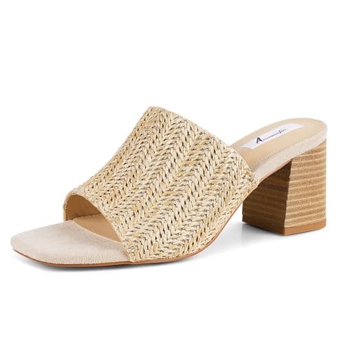 Ancomafio Women's Heeled Sandals Raffia Heels Square Open Toe Sandals Backless Mules Slip On Block Sandals Nude Size 10