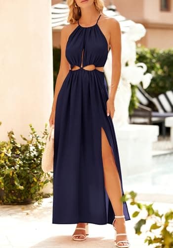 BTFBM Women Halter Summer Dresses 2026 Sleeveless Cutout Backless Sundress Slit Boho Maxi Beach Wedding Guest Dress(Navy, Large) - Thumbnail 5