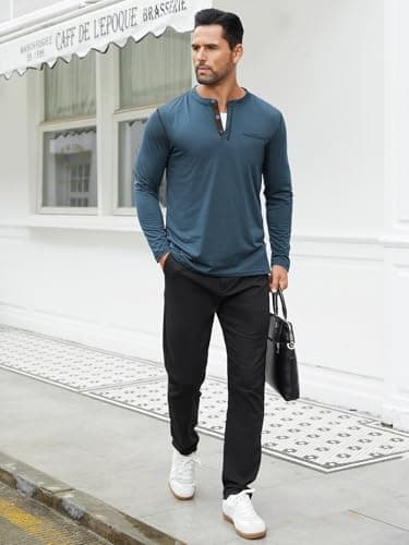 Hardaddy Men's Color Contrast Henley Shirt Long Sleeve Button T-Shirt Lightweight Henley Tshirt for Men Basic Pullover Shirt with Pocket Deep Blue XXL - Thumbnail 5