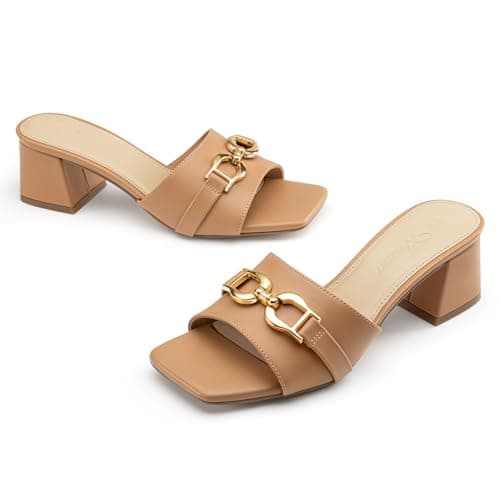 Athlefit Heeled Sandals for Women Comfortable Slip On Mules Square Peep Toe Chunky Block 2 Inch Heels Summer Dressy Shoes Camel Size 11 - Thumbnail 4