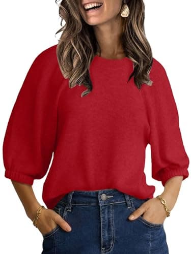UNCLECAT Women's Puff Short Sleeve Sweater Summer Lightweight Knit Tops Crew Neck Casual Cropped Sweaters Red - Image 1