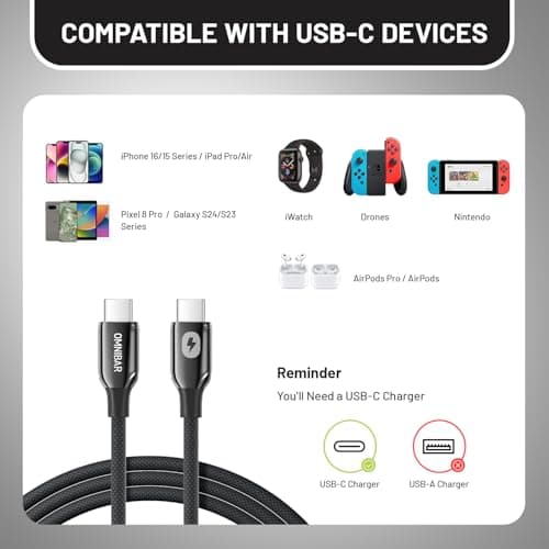 Omnibar 240W USB C to USB C Cable (6FT/Woven), Type C Charger Fast Charging Cord for iPhone 17/16/15, Nylon Braided C to C Cable Fast Charging for MacBook iPad Samsung S26/S25 Cameras Speakers Earbuds - Thumbnail 6