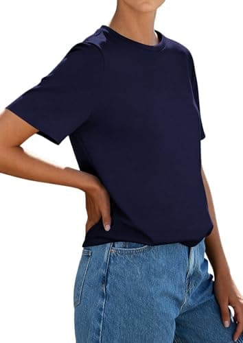 PRETTYGARDEN Womens Short Sleeve Tops Summer 2026 Casual Crewneck Cotton Basic Tee Shirts Fashion Clothing Spring Outfits(Navy,Medium) - Thumbnail 3