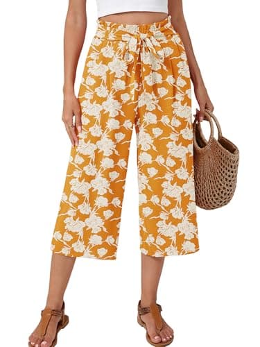 Moodclo Capri Pants for Women White Flower Yellow Medium High Waisted Wide Leg Casual Lounge Pant Summer Adjustable Knot with Pockets - Image 1