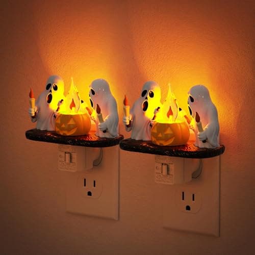 Halloween Night Light,Amber Night Lights Plug into Wall,Cute & Funny Flaming Jumping Night Light,Plug in Ghost & Pumpkin Nightlight with 360° Rotatable for Kids Halloween Party Decor, 2 Pack - Image 1