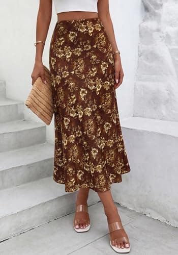 BTFBM Satin Skirts for Women Trendy Spring Summer 2026 High Waisted Leopard Print Cocktail Wedding Long Silk Midi Skirt(Floral Brown Yellow, X-Large) - Thumbnail 4