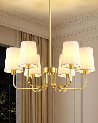 Yunnix 6-Light Gold Chandelier for Dining Room, Modern Chandelier Light Fixture with White Linen Shades, UL Listed Farmhouse Brass Chandeliers for Living Room Kitchen Bedroom Entryway Foyer - Image 1
