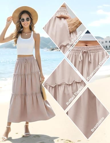Aprolive Womens Boho Maxi Skirt Drawstring High Waist A-Line Skirt Pleated Ruffle Long Skirts Summer Casual Vacation Outfits(1-Tan,Small) - Thumbnail 6