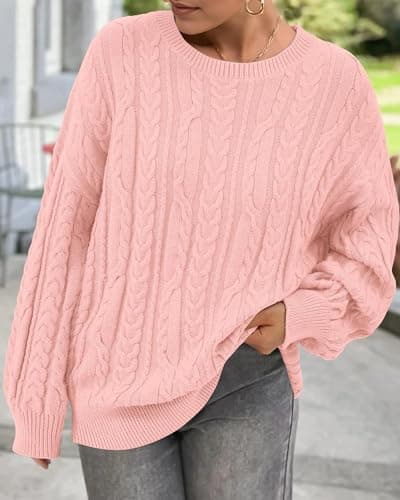 KIRUNDO Oversized Chunky Cable Knit Sweater Women 2026 Fall Fashion Cozy Long Sleeve Crewneck Pullover Winter Clothing(Pink, Medium) - Thumbnail 6