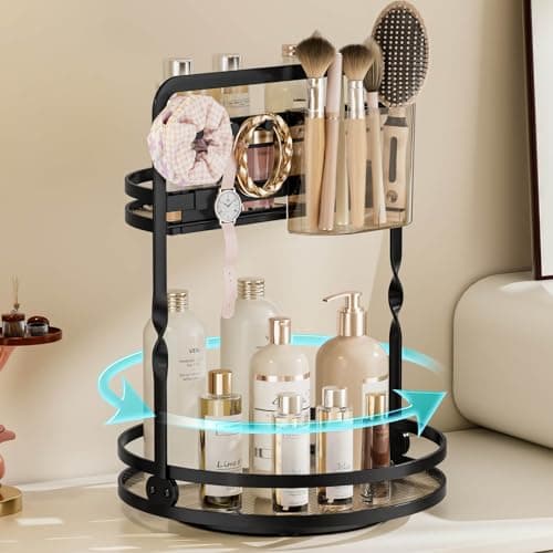 DUANFEE Rotating Makeup Organizer, Black Perfume Organizer for Dresser, Spinning Bathroom Countertop Organizer, 2 Tier Lazy Susan Vanity Tray Skincare Storage Cosmetic Display Case with Brush Holder - Image 1
