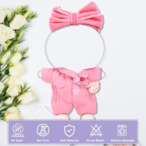4PCS Pink Kawaii Doll Romper Set Pink Bunny Jumpsuit with Bow Tie for 15-17cm 4 Inch Blind Box Dolls Includes Bow Headwear, Crossbody Bag, One-Piece Workwear and Shoes (NO Doll) - Thumbnail 2