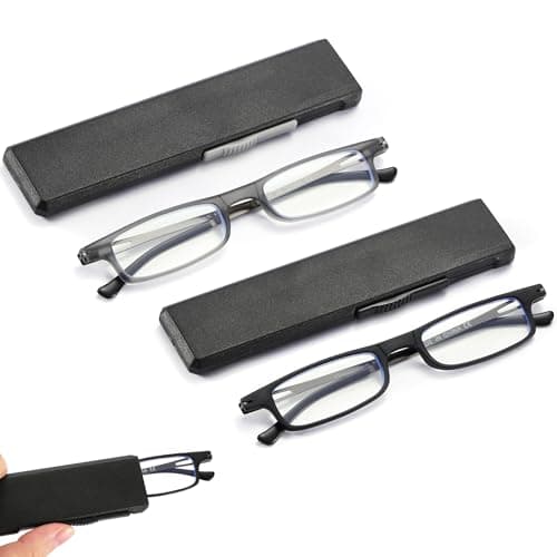 TOVEEN 2 Pack Compact Folding Reading Glasses Anti Blue Light UV, Ultra-thin Slim TR90 Readers with Portable Flat Case for Men Women Black/Gunmetal +2.5