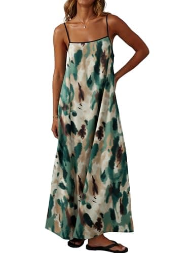 Lepunuo Summer Dresses for Women Boho Sundress Contrast Spaghetti Strap Sleeveless Backless Beach Maxi Dress Vacation Camo Khaki - Image 1