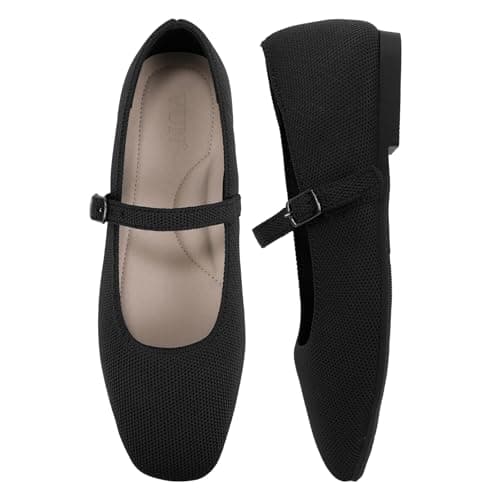 VUN Knit Flats for Women - Square Toe Ballet Flats with Adjustable Ankle Strap and Arch Support, Mary Jane Shoes for Dressy Office & Casual Comfort (Black,10.5) - Image 1