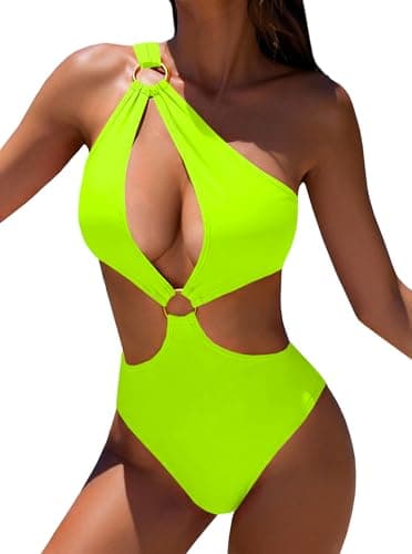 Hilinker Womens Cut Out Sexy One Piece Swimsuit Monokini One Shoulder Tummy Control Bathing Suits Green Large - Image 1