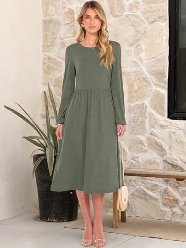 ANRABESS Women Long Sleeve Midi Dress Crewneck 2025 Fall Fashion Casual Flowy A-Line Long Dresses Vacation Outfit with Pocket Army Green L - Thumbnail 3