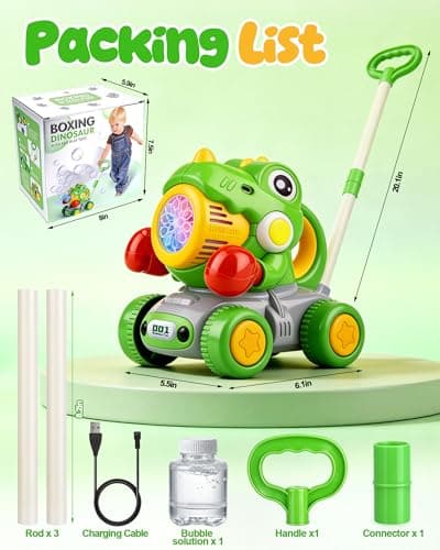 Dinosaur Bubble Lawn Mower for Toddlers, Rechargeable Automatic Bubble Blower with Lights,Handheld and Push 2 in1 Bubble Blower for Kid, Perfect for Party Favors and Activities for Girls and Boys - Thumbnail 2