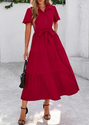 KIRUNDO Summer Button Down Wedding Guest Shirt Dresses for Women Maxi Flutter Short Sleeve Flowy Tiered Beach Sun Dress(Wine Red, Medium) - Thumbnail 6