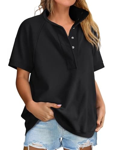 ANRABESS Womens Short Sleeve Tops Oversized Lightweight Sweatshirt Polo Shirts 2026 Summer Casual Button Pullover Top Outfits Black X-Large - Image 1
