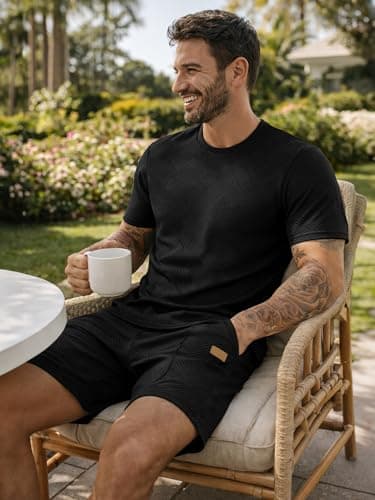 JMIERR Lounge Sets for Men Pajama 2 Piece Outfits Set Short Sleeve T Shirts and Shorts Matching Sleepwear Loungewear Cruise Set, XL, Black - Thumbnail 3