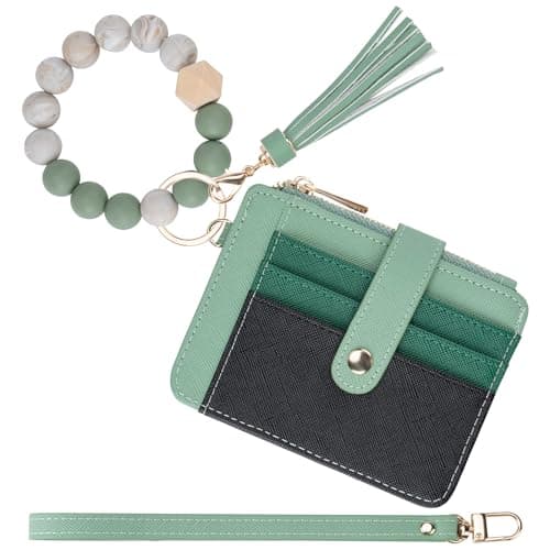Airkit Wristlet Wallets for Women, Keychain RFID Blocking Credit Card Holder, Small Girly Wallet with Bracelet, Silicone Beaded Tassel Key Ring Card Holder, Multi Green - Image 1