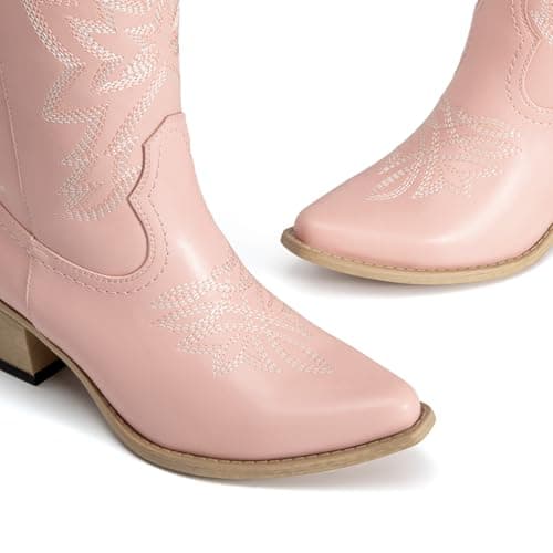 Athlefit Cowboy Cowgirl Boots for Women Fashion Low Chunky Heel Snip Toe Embroidery Western Mid Calf Boots Pink Size 8.5 - Thumbnail 5