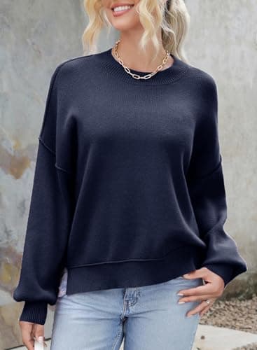 Dokotoo Sweaters for Women Trendy Crew Neck Solid Patchwork Casual Loose Teacher Fall Outfits Knitted Tops Cute Pull Over Long Sleeve Crop Pullover Sweater Navy Blue Medium - Thumbnail 3