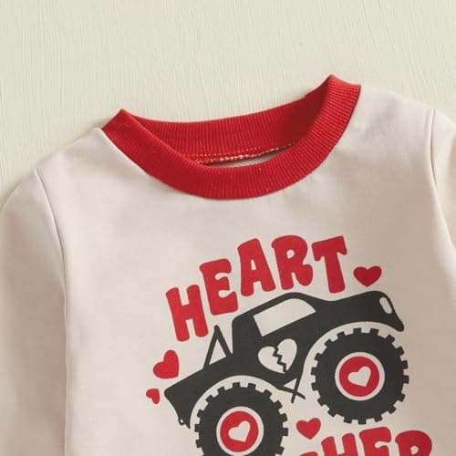 TheFound Toddler Boys Valentine's Day Outfits Heart Truck Print Long Sleeve Sweatshirts Top Long Pants Newborn Baby Clothes (Red, 18-24 Months) - Thumbnail 5
