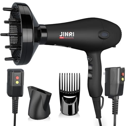 Blow Dryer - JINRI 1875W Diffuser Hair Dryer for Salon & Personal Use – Powerful, Fast Drying with Diffuser, Comb & Nozzle for Women & Men, with ALCI Safety Plug, Black - Image 1