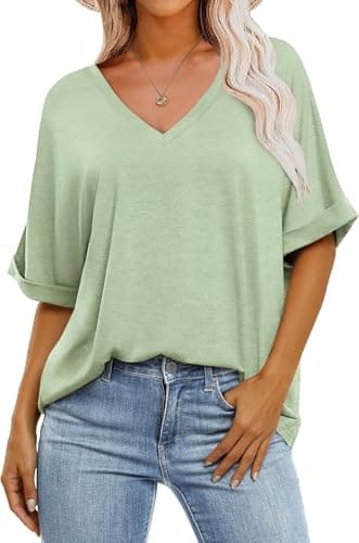 GKBK Womens Oversized T Shirts V Neck Loose Fit Shirts Short Sleeve Summer Casual Tops 2025 Trendy Blouses Y2K Plain Tees Light Green M - Image 1