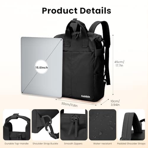 Kabibin Backpack for Women Men, Ultra Lightweight Waterproof Carry-On Daypack with 15.6in Laptop Compartment for College Travel Work (Black) - Thumbnail 4