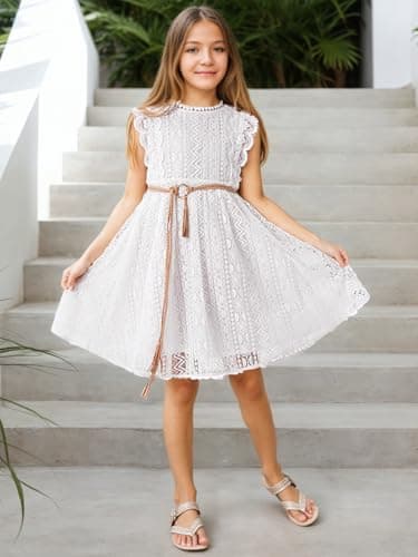 ALLOVIN Toddler and Girls Vintage Boho A-Line Lace Dress with Belt Pom Pom Trim Birthday Party Dress | White | 3-4T - Thumbnail 4