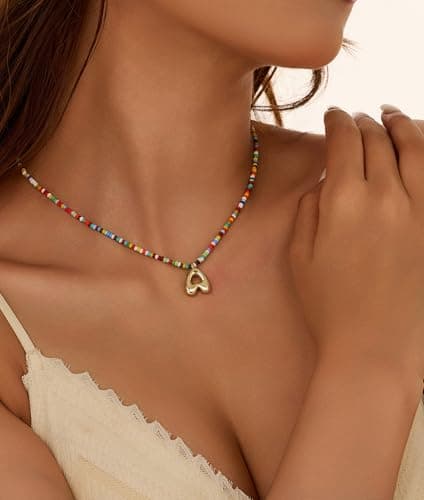 A ALARTAN Initial Necklace for Women Cute Colorful Beaded Charm Necklaces Bohemian Colorful Letter Necklaces Personalized Bubble Necklace Trendy Choker for Women Jewelry Gift（Letter A - Thumbnail 3