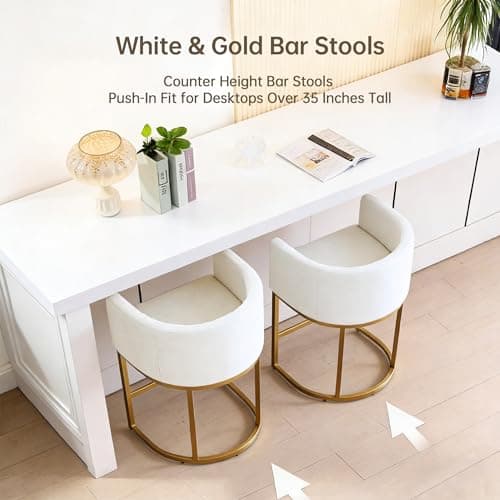 Styecofur Counter Height Bar Stools Set of 3, White and Gold Bar Stools, 26" Modern Barrel Counter Stools with Backrest and Arms, Linen Fabric Upholstered & Metal Base, for Kitchen Island and Bar - Thumbnail 4