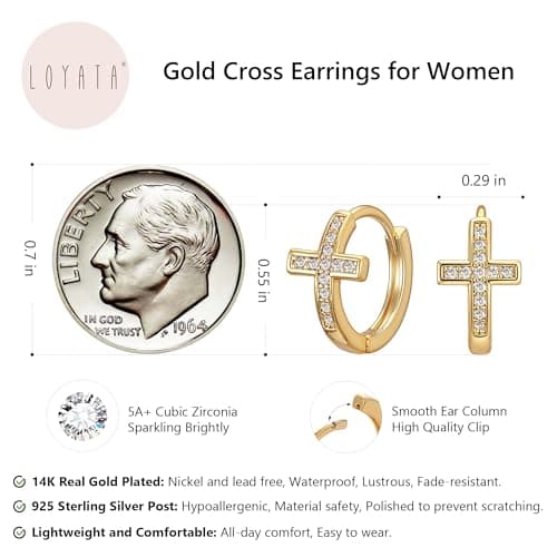 LOYATA Gold Cross Earrings for Women-14K Gold Plated Small Hoop Huggie Earrings Dainty Trendy CZ Cross Hoop Earring Cute Hypoallergenic Hoops Jewelry Gifts for Women Mothers Day Gifts for Mom - Thumbnail 3