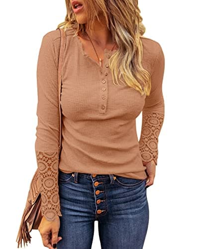 BTFBM Women Long Sleeve Shirts Spring Solid Button Up V Neck Lace Long Sleeves Slim Fit Knit Casual Fall T-Shirts 2026(Camel,XX-Large) - Image 1