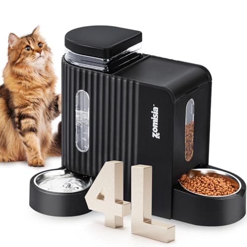 ZOMISIA Gravity Cat Feeder and Water Dispenser with 304 Stainless Steel Bowls, 2 in 1 Automatic Cat Feeder with 180 Degree Rotatable Water Bowl, Large Capacity for Puppy Kitten Rabbits, Black