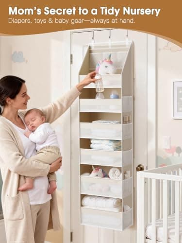 Criusia Over the Door Organizer, 6-Shelf Closet Hanging Storage with 13 Mesh Pockets, 55lbs Capacity Behind the Door Storage for Baby Nursery, Bathroom, Bedroom, and Dorm, Beige - Thumbnail 3