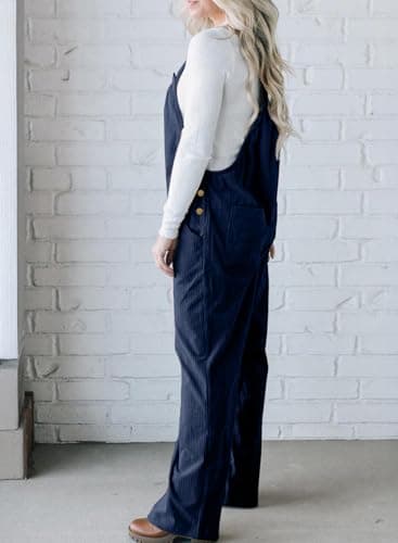 Happy Sailed Overalls for Women Winter Fall Corduroy Sleeveless Jumpsuits Casual Loose Wide Leg Pants Rompers with Pockets Navy Blue Small - Thumbnail 4
