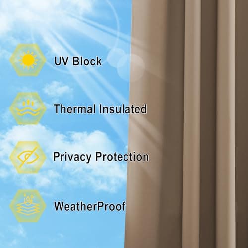 NICETOWN Gazebo Curtains Outdoor Waterproof, Windproof Curtains with Peel/Stick Top & Back Tab Bottom, Rod-Free Privacy Sun Shades with Rope for Patio, Porch, Garden, W84 x L84 in, Tan, 2 Panels - Thumbnail 6