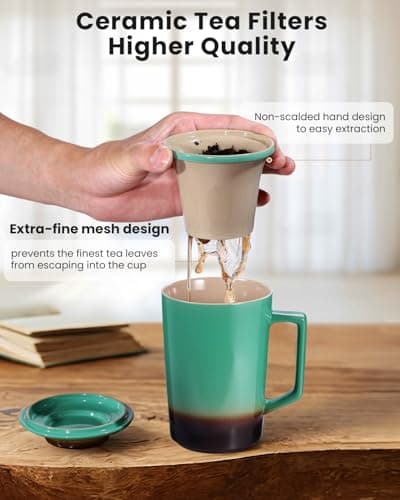 Foinly 15 oz Ceramic Tea Infuser Cup with Lid - Tea Mug with All Porcelain Strainer for Loose Leaf Teas,Microwave and Dishwasher Safe,Metal-Free,BPA-Free for Tea Lovers/Mother's Day(Green) - Thumbnail 3