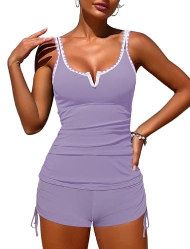 ZAFUL Tankini Swimsuits for Women Bathing Suits Top Ruched Two Piece Tummy Control Round Neck with V-Wire Swim Suits Purple S - Image 1