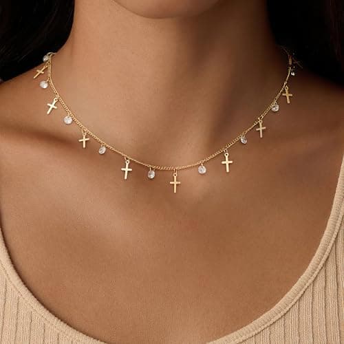 MTMY Gold Choker Necklace for Women 14K Gold Plated Cubic Zirconia Cross Heart Shell Teardrop Charm Station Choker Necklace Dainty CZ Chain Necklaces for Women Summer Jewelry Gifts(Cross) - Thumbnail 2