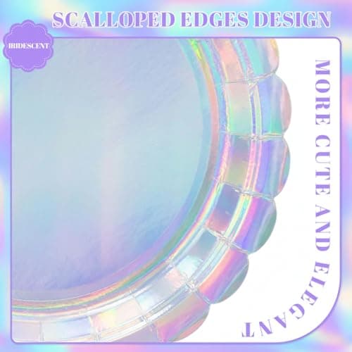 NatNarr 30 Pcs Iridescent Paper Plates Disposable 7 Inch Scalloped Holographic Plates Sliver Cake Dessert Plate for Birthday, Mermaid, Disco - Thumbnail 3