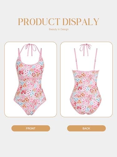 ZAFUL Bathing Suit for Womens One Piece Swimsuits Tummy Control High Cut Bathing Suit Full Coverage Push Up Romper Swimsuit Cheeky Sexy Floral Print Double Adjustable Straps Swimwear Pink Floral,XL - Thumbnail 6