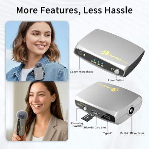 Wireless Lavalier Microphones for phones Cameras, Mini Mic Lapel Wireless Microphone with 20H Battery Life, 64GB TFcard Slot, DSP Noise Cancelling for Record Interview, Vlogs, YouTube, Tiktok (WE10) - Thumbnail 3