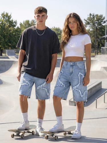 JMIERR Men's Jorts Baggy Loose Fit Comfy Wide Leg Vintage Y2K Hip Hop Streetwear Summer Knee-Length Star Jean Shorts Beau Blue, X-Large - Thumbnail 5