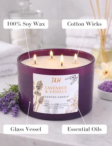 Lavender Vanilla Scented Candle | Large 4-Wick Soy Candle for Home 20 oz | Calming Aromatherapy Candle | Long Lasting Clean Burn | Relaxing Gift for Women & Men - Thumbnail 4